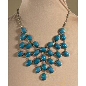Blue Teal Bib Necklace Gold Tone Statement Colorful
